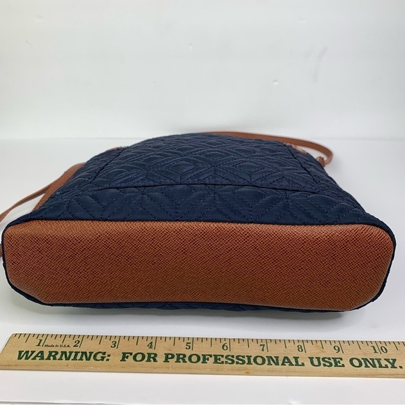 Navy Quilted Fabric Crossbody with Cognac Adjustable Strap Gold Accents Top Zip - Picture 16 of 16
